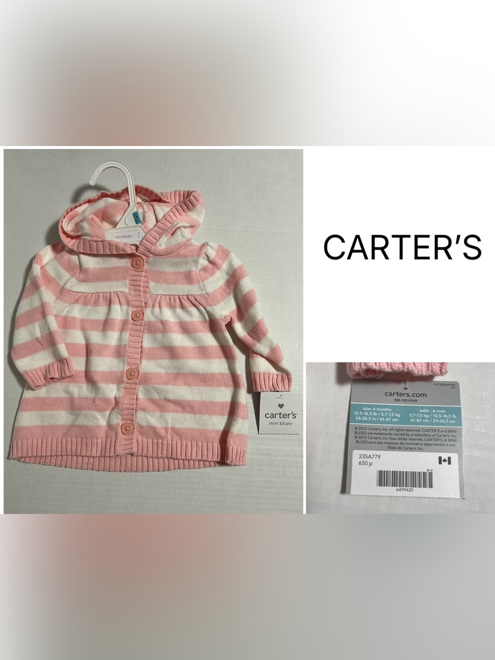 CARTER’S - 6M - NWT - INFANT GIRLS HOODED PINK STRIPE KNIT CARDIGAN SWEATER
